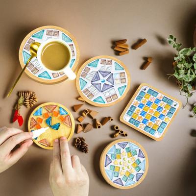 DIY Glass Mosaic Tile Coaster Set Mixed Color Mosaic Kit with Wooden