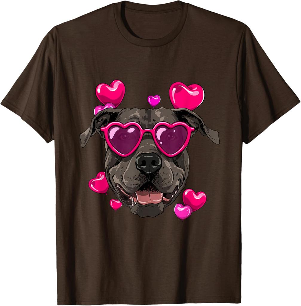 Pit Bull Dog Valentines Day Heart Sunglasses Graphic T-Shirt Soft Cotton Casual Tee