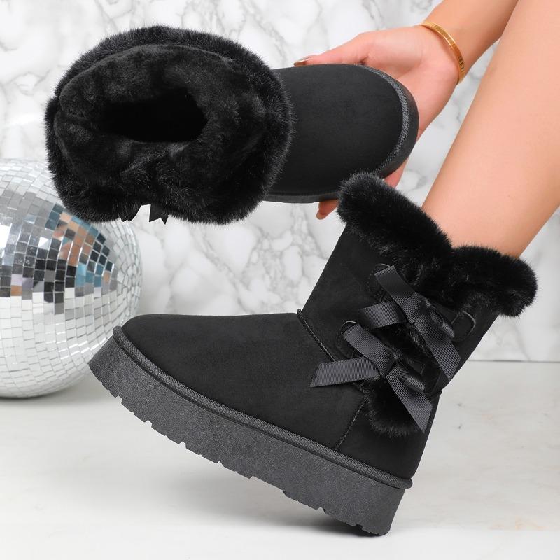 Fashion Winter Mid-calf Boots 2024 New Women's Velvet Thick Sole Anti-slip Bow Women's Boots Retro Solid Color Women's Snow Boots