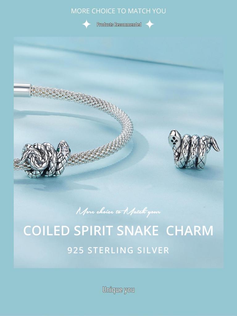 S925 Sterling Silver Coiled Snake Beads: Retro Dark Style DIY European & American Scattered Beads
