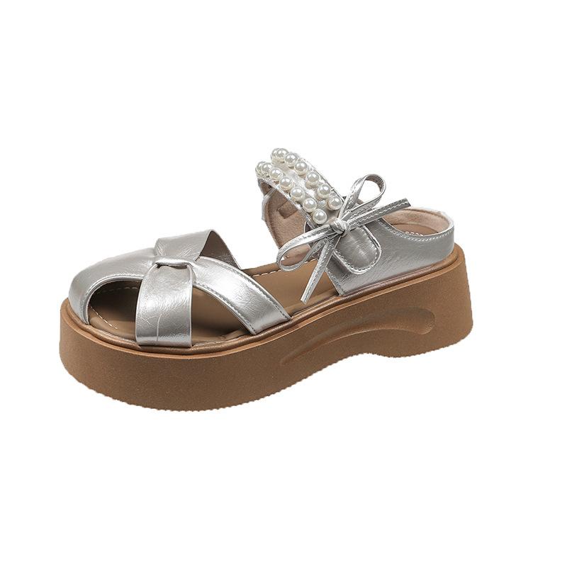 

Thick-soled muffin cool slippers for women s summer wear new fashionable pearl bow heightening comfortable beach sandals 40 шампанского