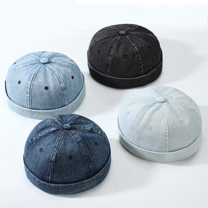 Hip Hop Blue Denim Washed Cotton Landlord Hat Docker Cap Rolled Edge Brimless Hat Solid Adjustable Beanie Hats Streetwear