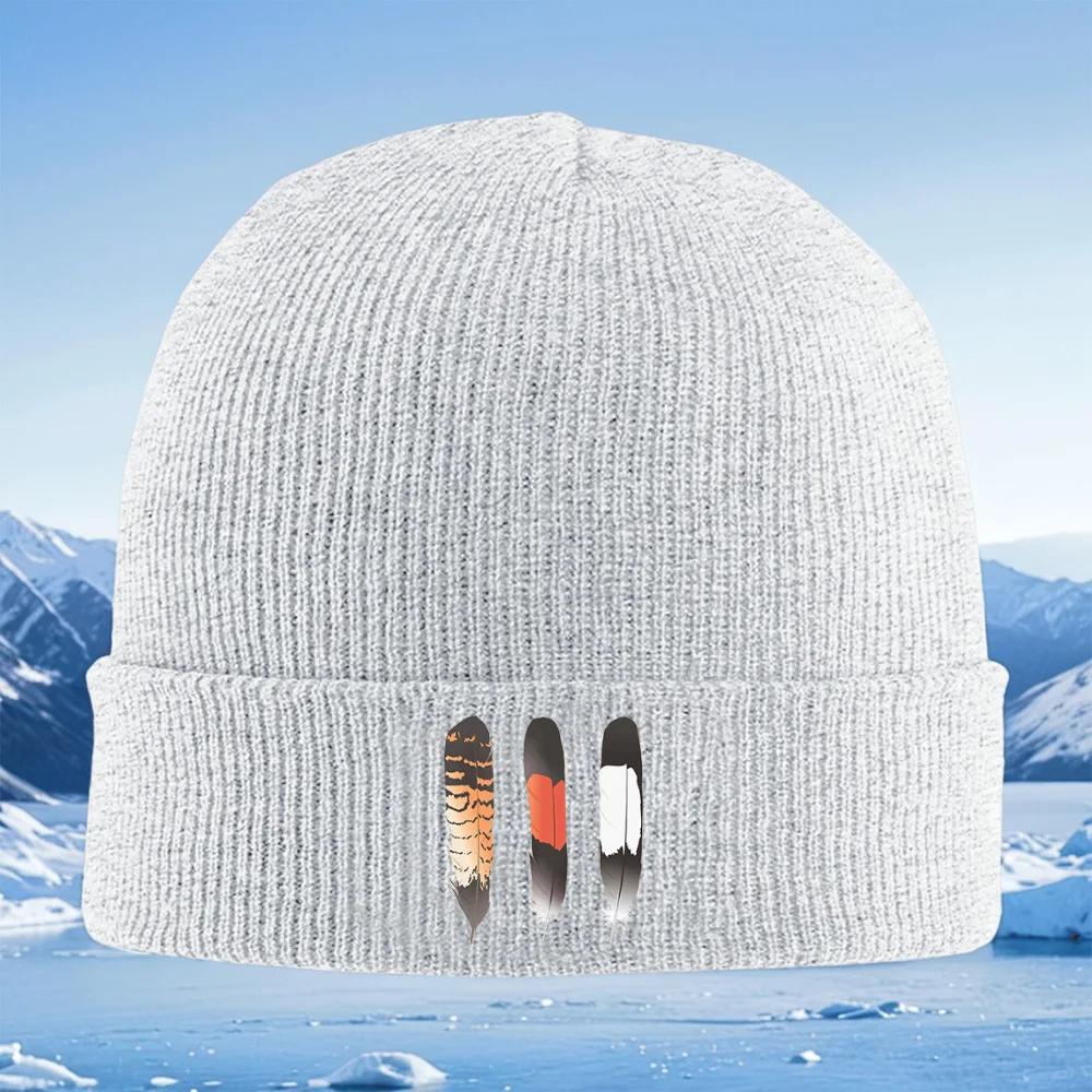 Feathers black orange white stripes Unisex Women Unisex Knitted Hat Beanie Pullover Cap Winter Thermal Warm Christmas Outdoor