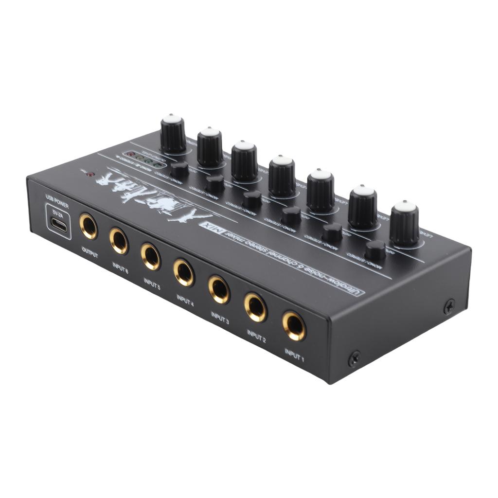 6 Channel Audio Mixer Stereo Line Mixer Metal Shell USB Type C Power Supply for Guitar Bass Keyboard Stage 6.35mm Mono