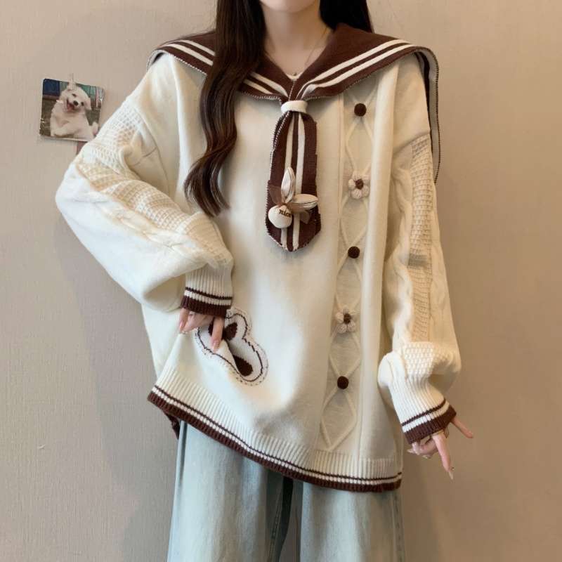 Herbst Winter Brauner Strickpullover Marinefarbener Kragen Lockere Passform Lässige Oberteile Koreanische Mode Damen Oberbekleidung