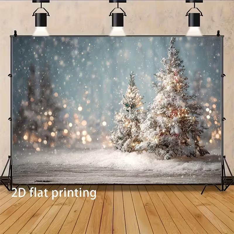 2D Cozy Snowy Christmas Photography Backdrop, Pastel Winter Scene with Snowy Trees & Lights