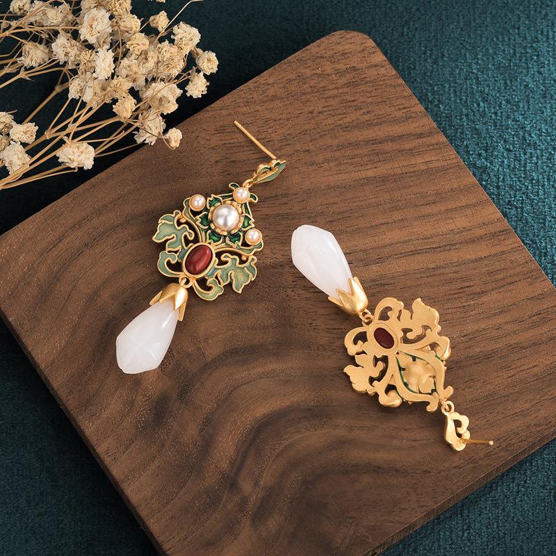 Retro Magnolia Fairy Earrings: Enamel Cloisonné & White Jade Cheongsam Style