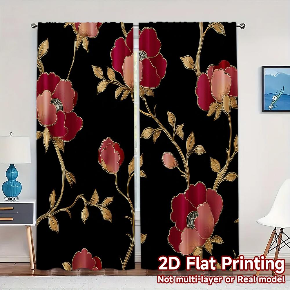

2D FLAT PRINTING 2pcs Curtains (Without Rod) Floral Elegance on Black (6) Easter Festival Popular Curtains&Drapes Polyester 100*130 Rod Pocket 1pcs