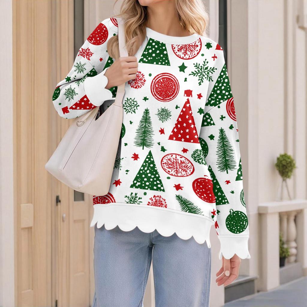 Women's Christmas Print Sweatshirt with Scalloped Wavy Hem and Neck for Holiday