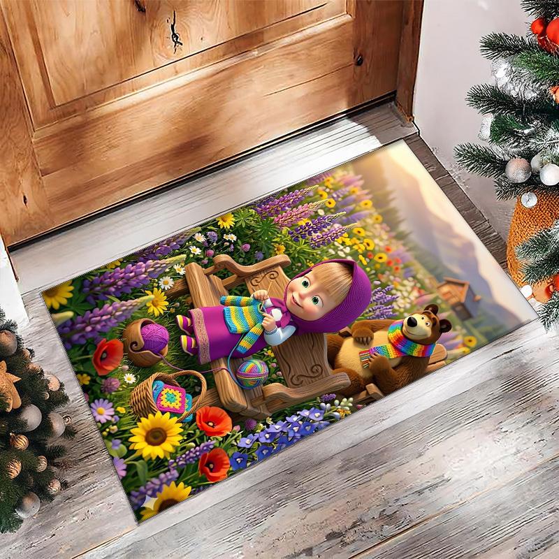 Masha and the Bear Crystal Velvet Rug, Soft Anti‑Slip Crystal Velvet Carpet for Living Room Bedroom Home Decor