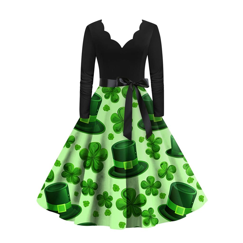 Women's Vintage Classic Dress Long Sleeve  Print Round Neck Swing Dress