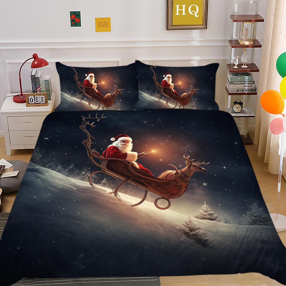 Weihnachtsmann Kutsche 3D-gedruckter Polyester Kissenbezug Bettdeckenbezug Zwei- oder Dreiteiliges Set Kann Sein