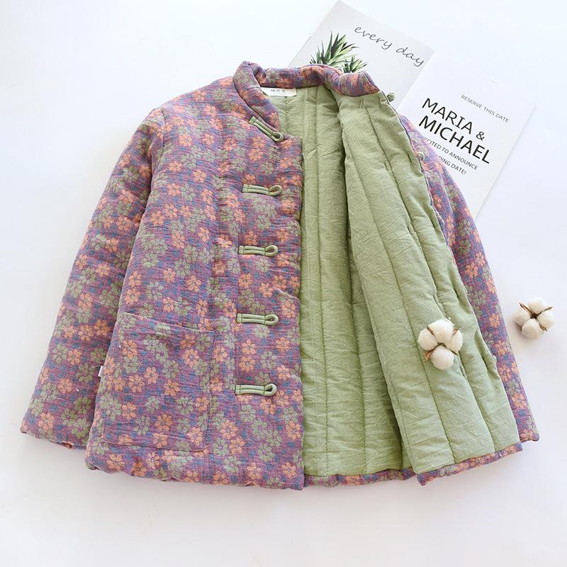 Women's Floral Print Stand Collar Cotton Padded Coat Chinese Frog Button Quilted Winter Jacket
