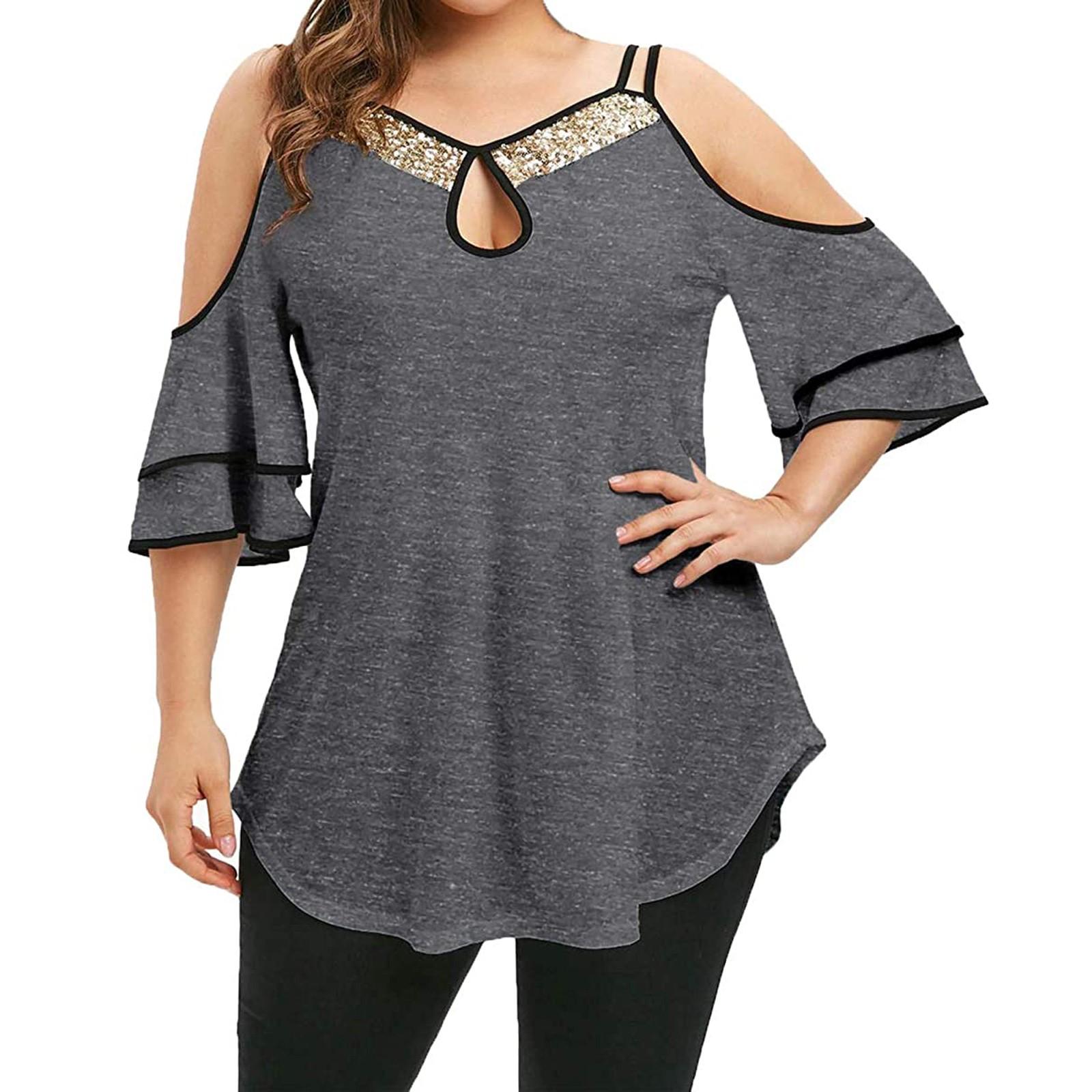 Women s Casual V-Neck Splicing Short Sleeve Plus Size Tops Blouse L