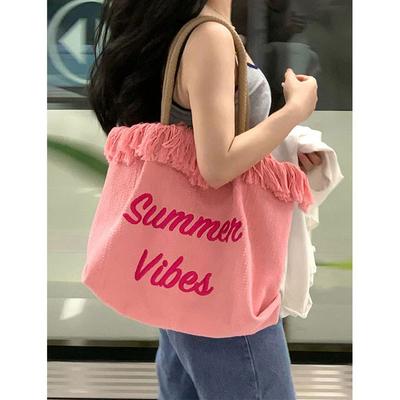 Large Capacity Bag for Women Pink Printed Canvas Bag Simple and Versatile Handbag Temperament Commuter One-shoulder Tote Bag
