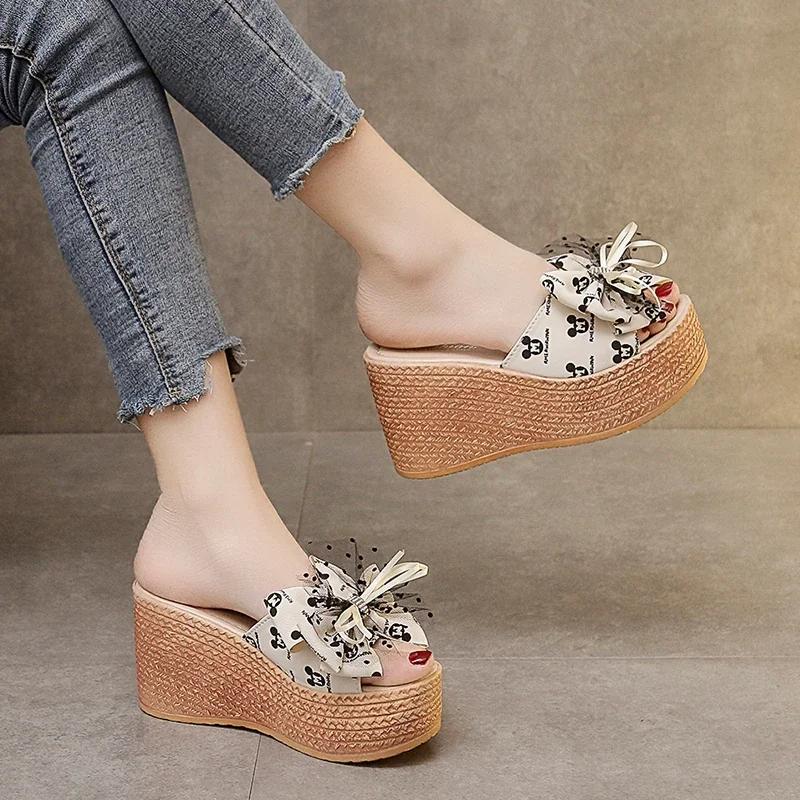 Fashion Slippers Women 2025 New Sweet Bow Ladies Open Toes Summer Sexy High Heel Slippers Woman Slides Platform Wedges Shoes for Women