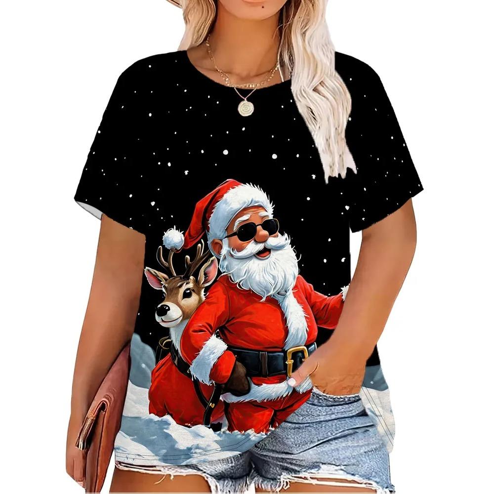 Summer Large Loose Christmas Santa Claus 3D Printed Women's T-shirt Fashionable Casual Comfortable Breathable Short Sleeved Round Neck T-shirt