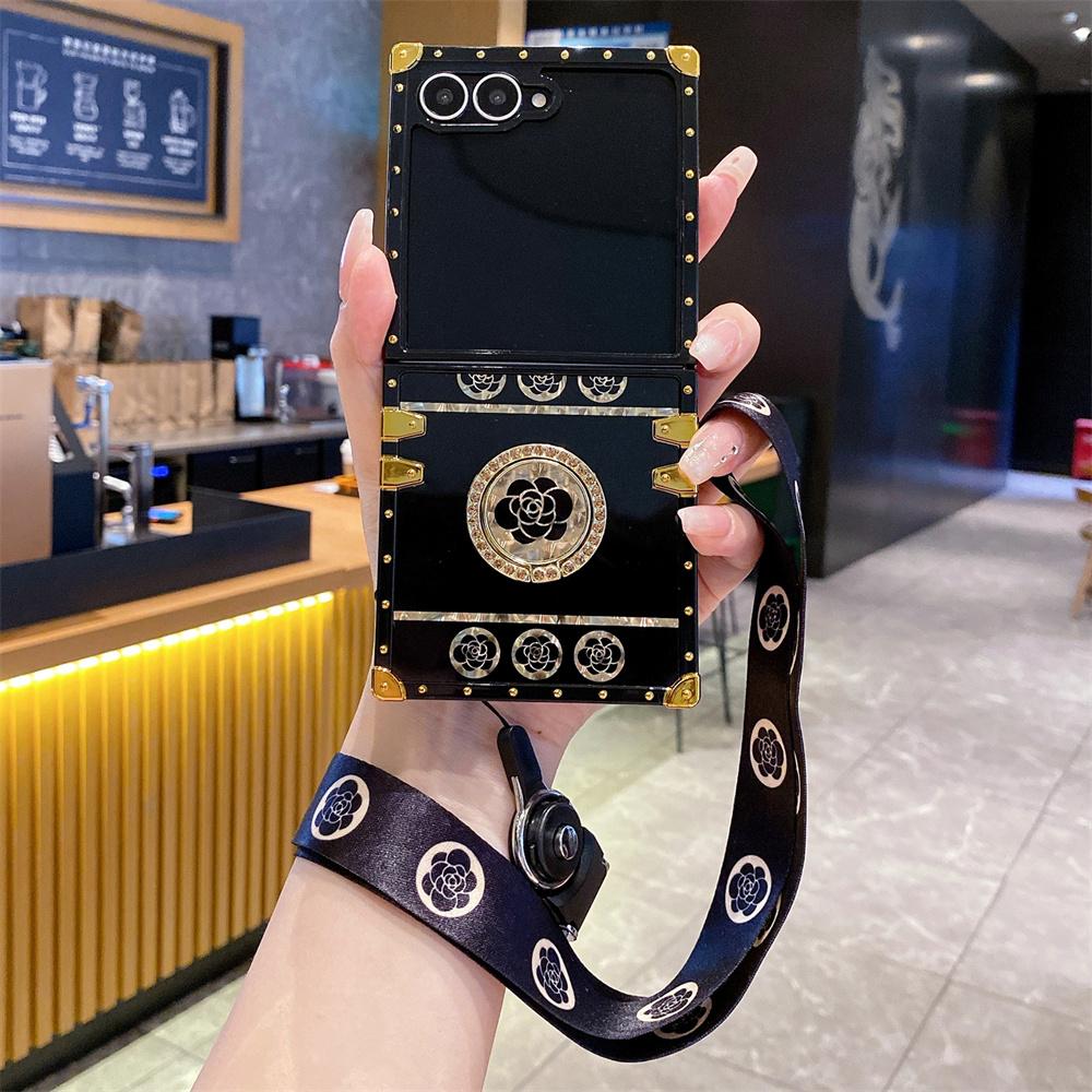 För Samsung Galaxy Z Flip 7 Lanyard Fodral, Ringstativ Plätering Blommigt Fodral för Galaxy Flip 7 Skyddande Coque