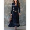 European and American autumn French temperament long-sleeved slim-fitting single-row multi-buckle dress plus belt