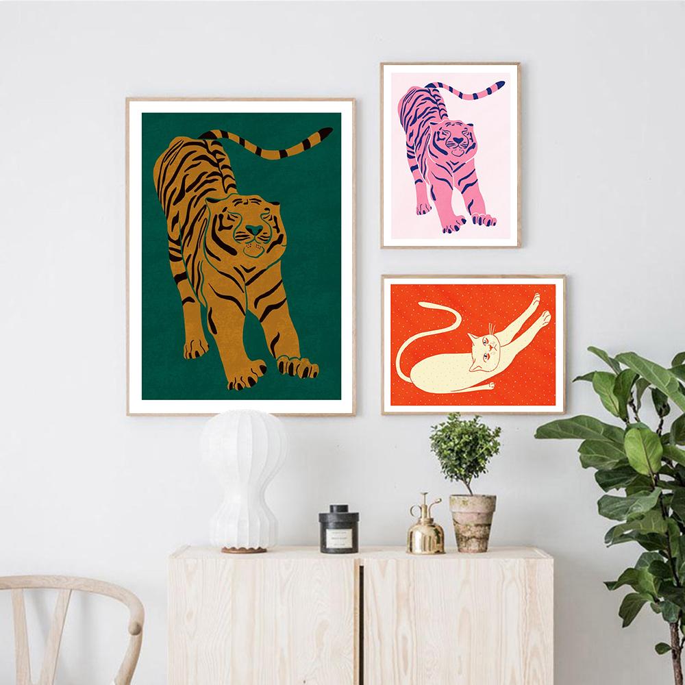 Nordic Abstract Animal Poster Red Pink Green Tiger Doesnt Lose Sleep Canvas Painting Wall Art Prints Picture Bed Room Home Decor