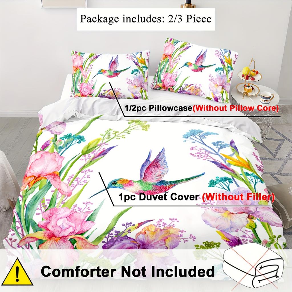 2/3Pcs Soft And Comfortable Floral Duvet Cover Set Fresh Floral Pattern, Floral Pattern Bed Set, Bird Print Duvet Cover