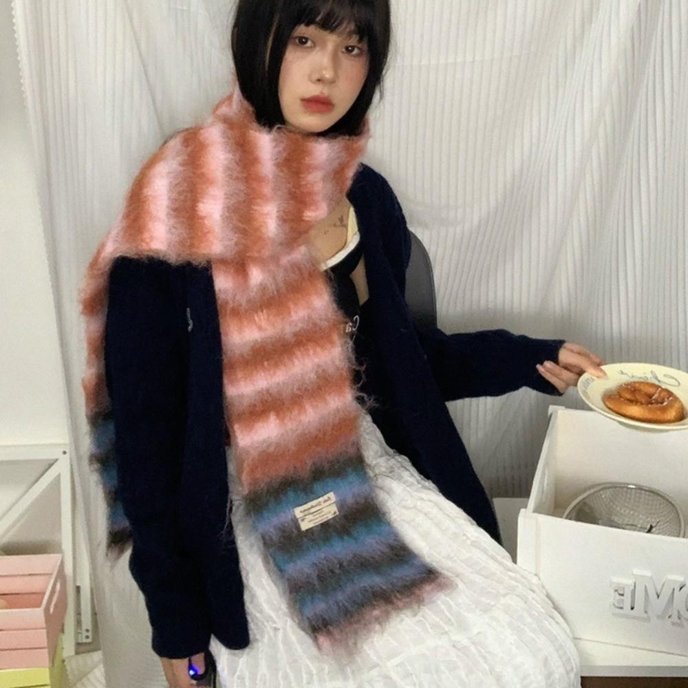 New Striped Winter Cashmere Scarf Soft Warm Woolen Scarves Mohair Rainbow Color Thickened Shawl Wrap Women