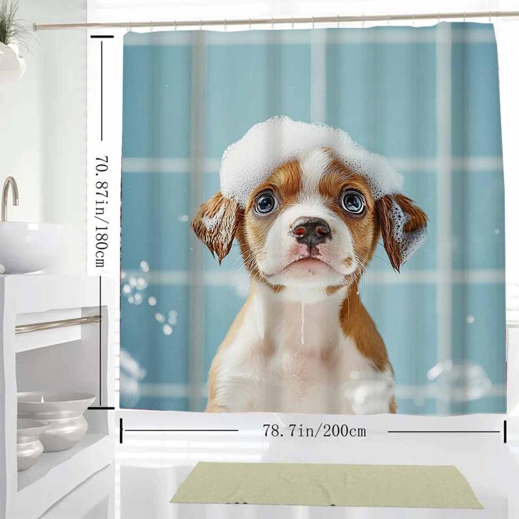 1Pc Cute Dog Bath Pattern Shower Curtain With 12 Plastic Hooks, Polyester Fabric, Machine Washable, Light Blue Bathroom Decor,