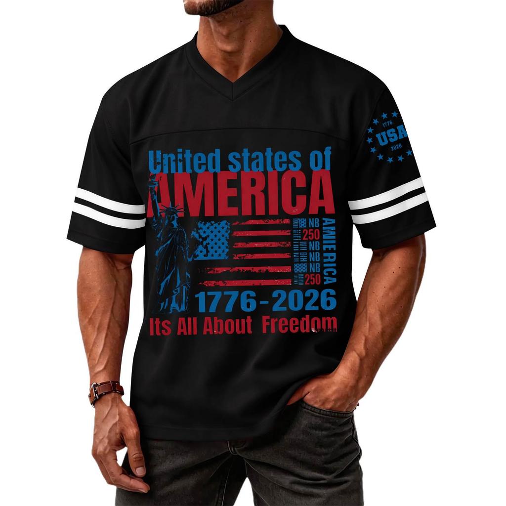 Mens V Neck Short Sleeve Sports T Shirt with States of America 1776 2026 Graphic and Statue of Print