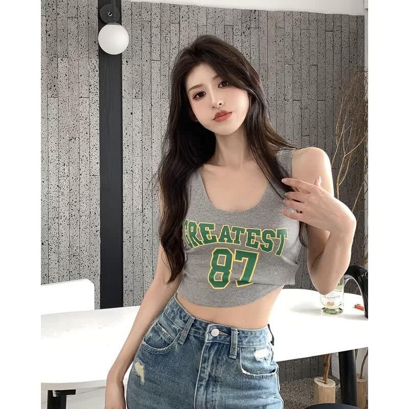 Women's Letter Print U-Neck Crop Top