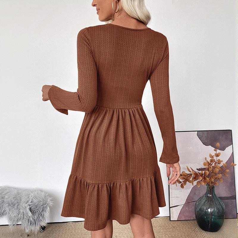 YYFS Women's Fashion Spring Fall Solid Color Print Long Sleeve Square Collar High Waist Casual Dresses