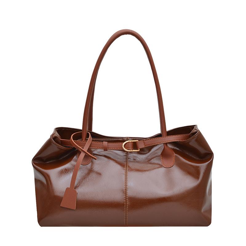 Retro Shiny Pleated Tote Bag For Women Casual Shoulder Bag With Metal Buckle Belt Decoration For Daily Work Shopping Travel