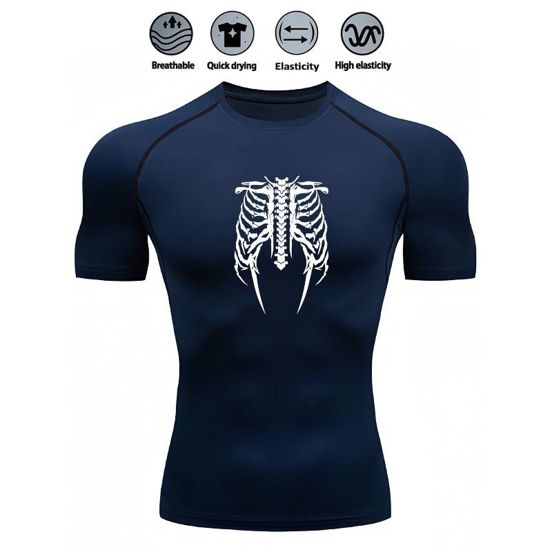 Men's Compression Shirt Quick Dry Gray Gym T-Shirt White Skeleton Rib Cage Print Workout Sportswear