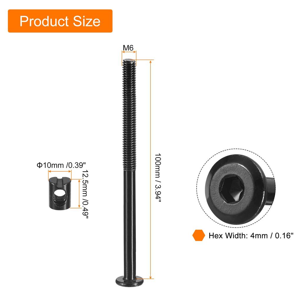 uxcell 12pcs M6 x 100mm Hex Socket Head Bolts Bucket Nuts for Furniture and Black with Wrench Beds, Chairs, Beds,