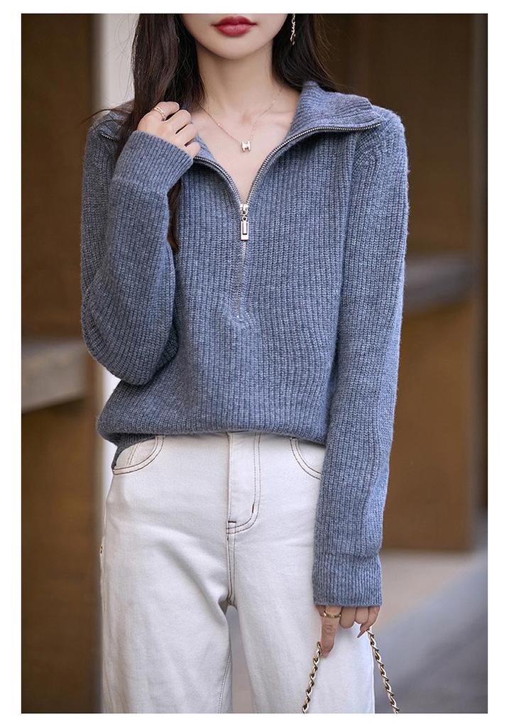 Women's Half-Zip Pure Wool Sweater - Stylish Loose-Fit Autumn Knit Top