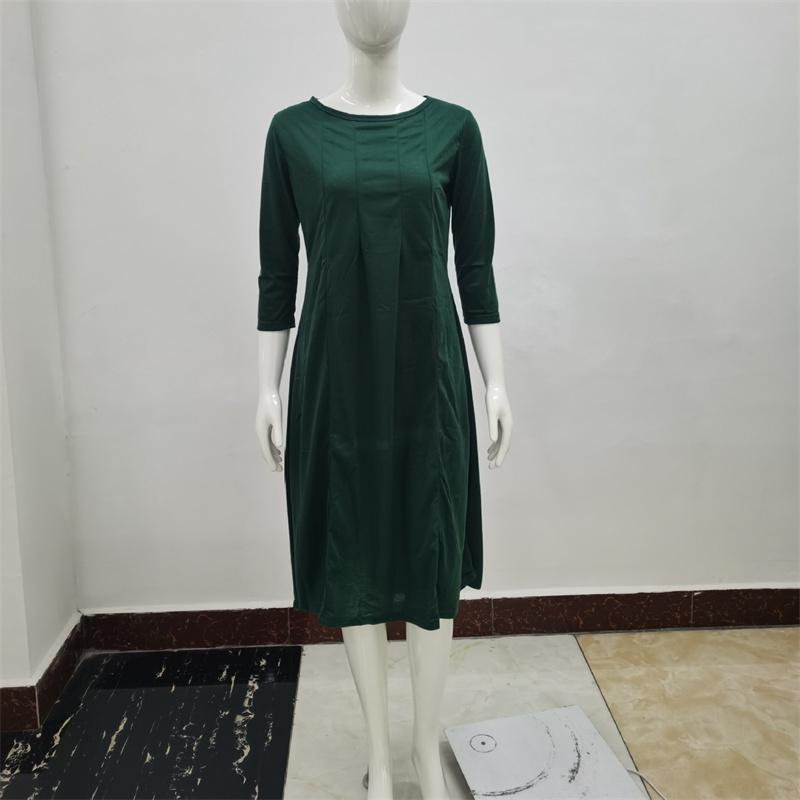 Sommerkleid für Damen, modisch, Rundhalsausschnitt, mittlere Ärmel, einfarbig, plissiert, lange Kleider