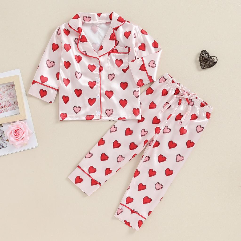 Boys and Girls Fall Loungewear Set, Heart Print Long Sleeve Lapel Button Shirt + Elastic Waist Loose Long Pants Pajama Set