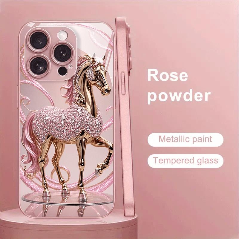 Pink Crystal War Horse Pattern Metallic Tempered Glass Phone Case For iPhone 17 Pro Max 16 15 14 13 12 11 16E Air 14 Plus Cover