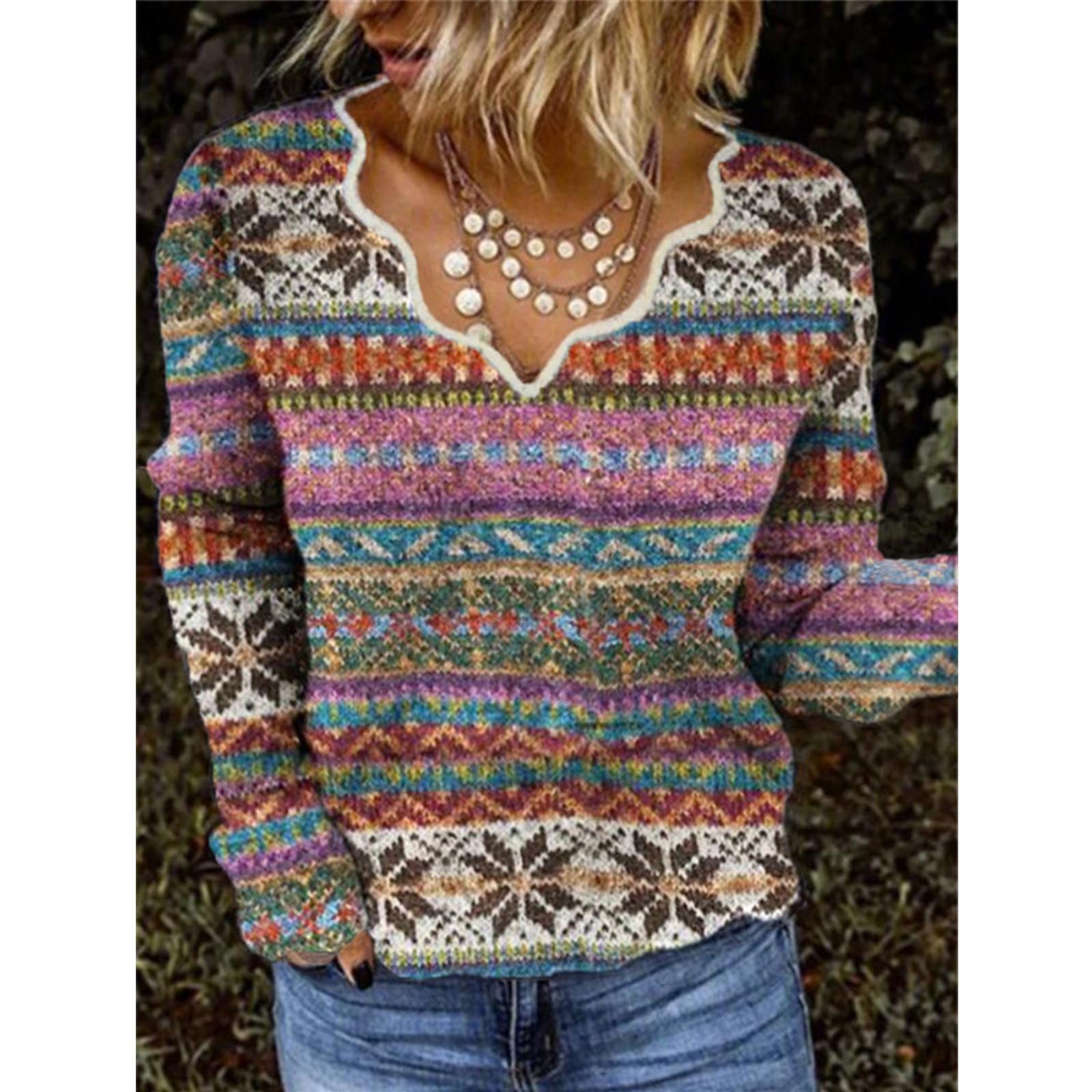 

Женская модная повседневная блузка с v-образным вырезом и длинным рукавом, многоцветный вязаный топ (без позиционирования печати) XL