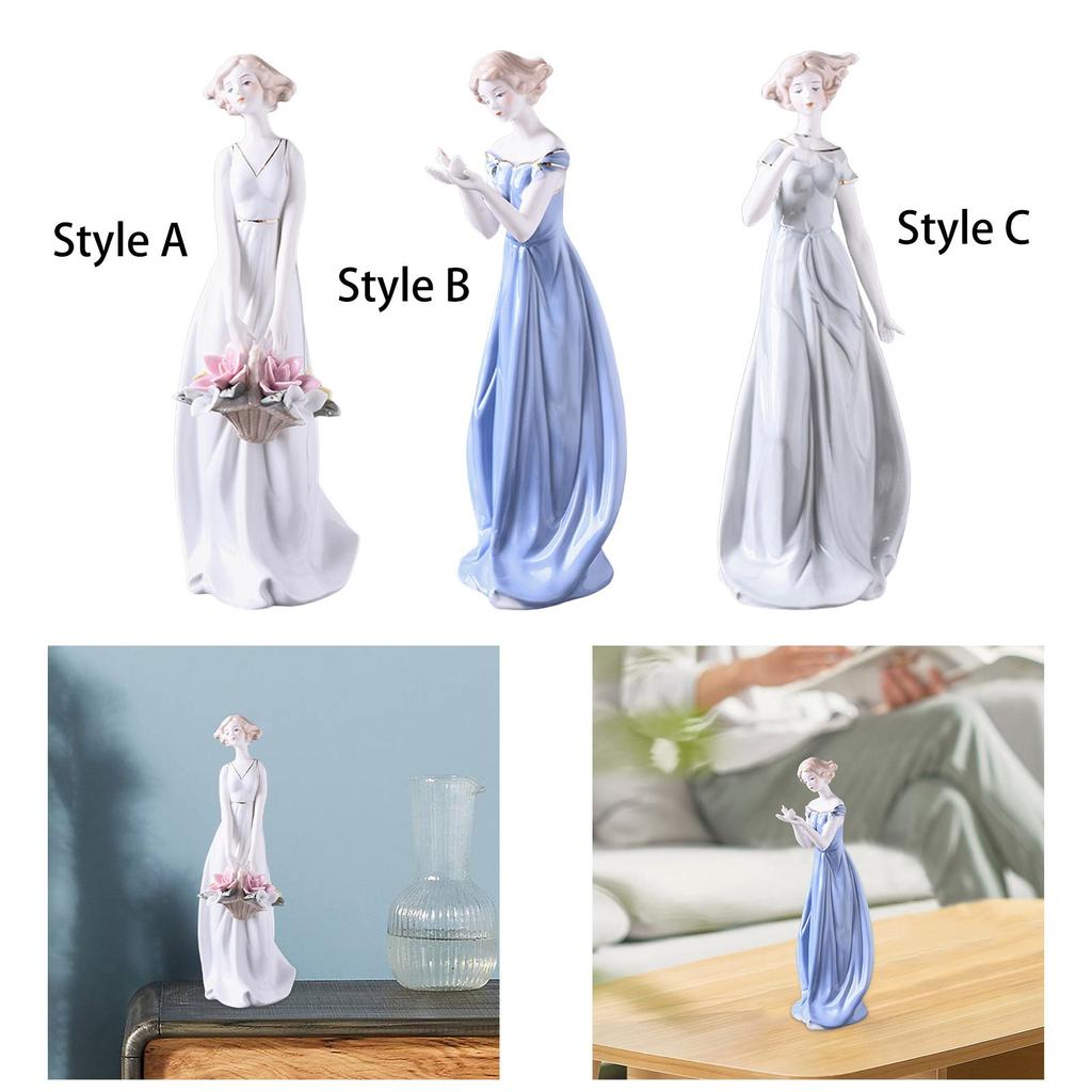 Ornamento de Estátua de Porcelana para Senhora Centro de Mesa Artesanato Nórdico Coleção Figura de Cerâmica de Menina para Armário de Escritório Varanda Estante de Mesa