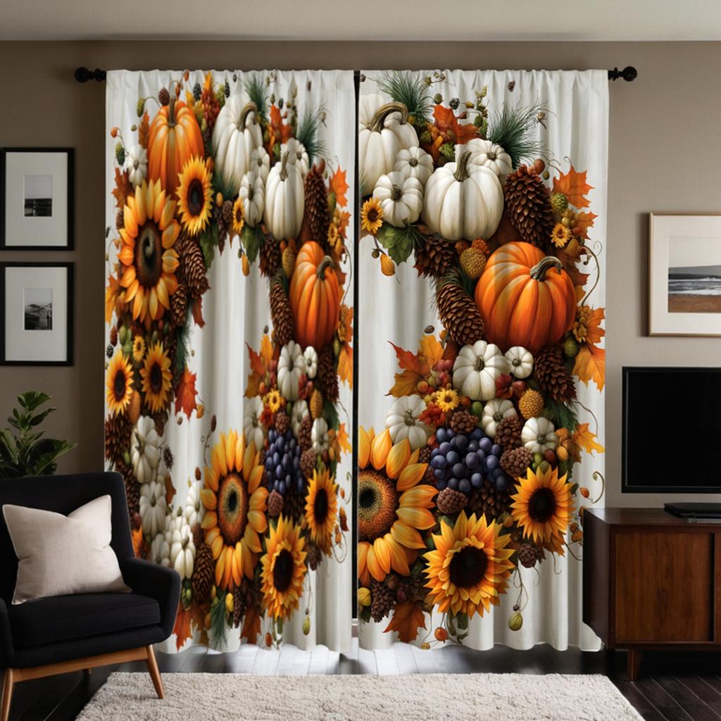 2pcs HD Vintage Vintage Harvest Festival pumpkin fruit decorative curtain Yellow tie digital printed curtain Home decoration