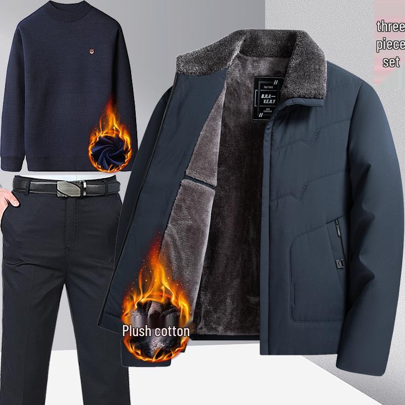 Woodpecker Men's Fleece-Lined Winter Jacket: Thick, Cotton-Padded, Cold-Proof Coat for Middle-Aged and Elderly.
