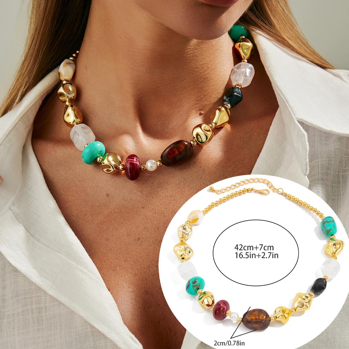 Bohemian Colored Resin Beaded Necklace, Retro Special-Shaped Ccb Bead Stacked Necklace.