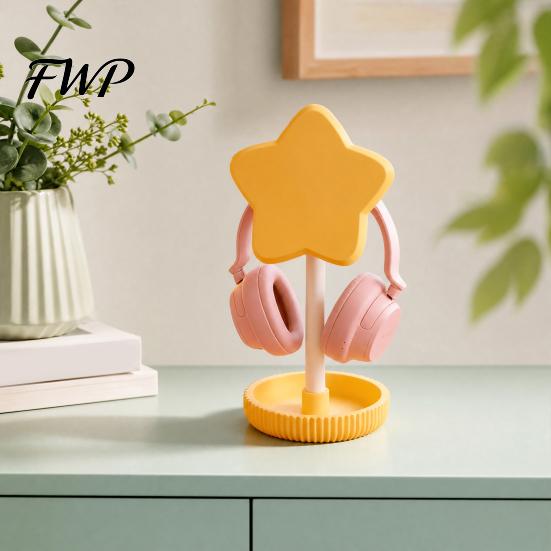 Koptelefoonhouder Met USB-opslag Schattige Sterrenstandaard met Dienblad, 3D Geprint PLA Headsethanger & Bureau Tray Organizer, Macaronkleur Gaming Kantoor
