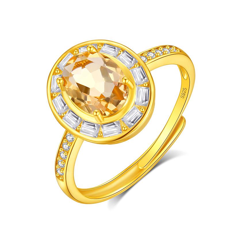 Classic S925 Sterling Silver Ring, Oval Natural Crystal & CZ Adjustable Band for Ladies