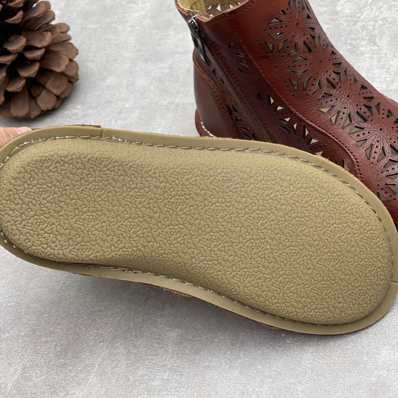 Johnature Stivali Estivi Artigianali Vintage in Vera Pelle Punta Tonda Piatta Traspiranti Traforati Scarpe da Donna