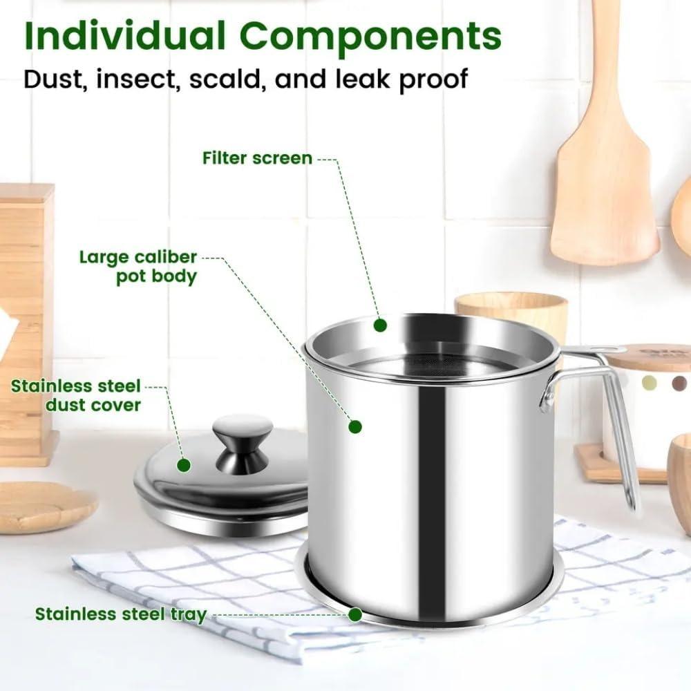 Bacon Grease Container with Filter1.3LStainless Steel Cooking Oil Container with Lid and Easy Grip Handle for Storing Frying Oil