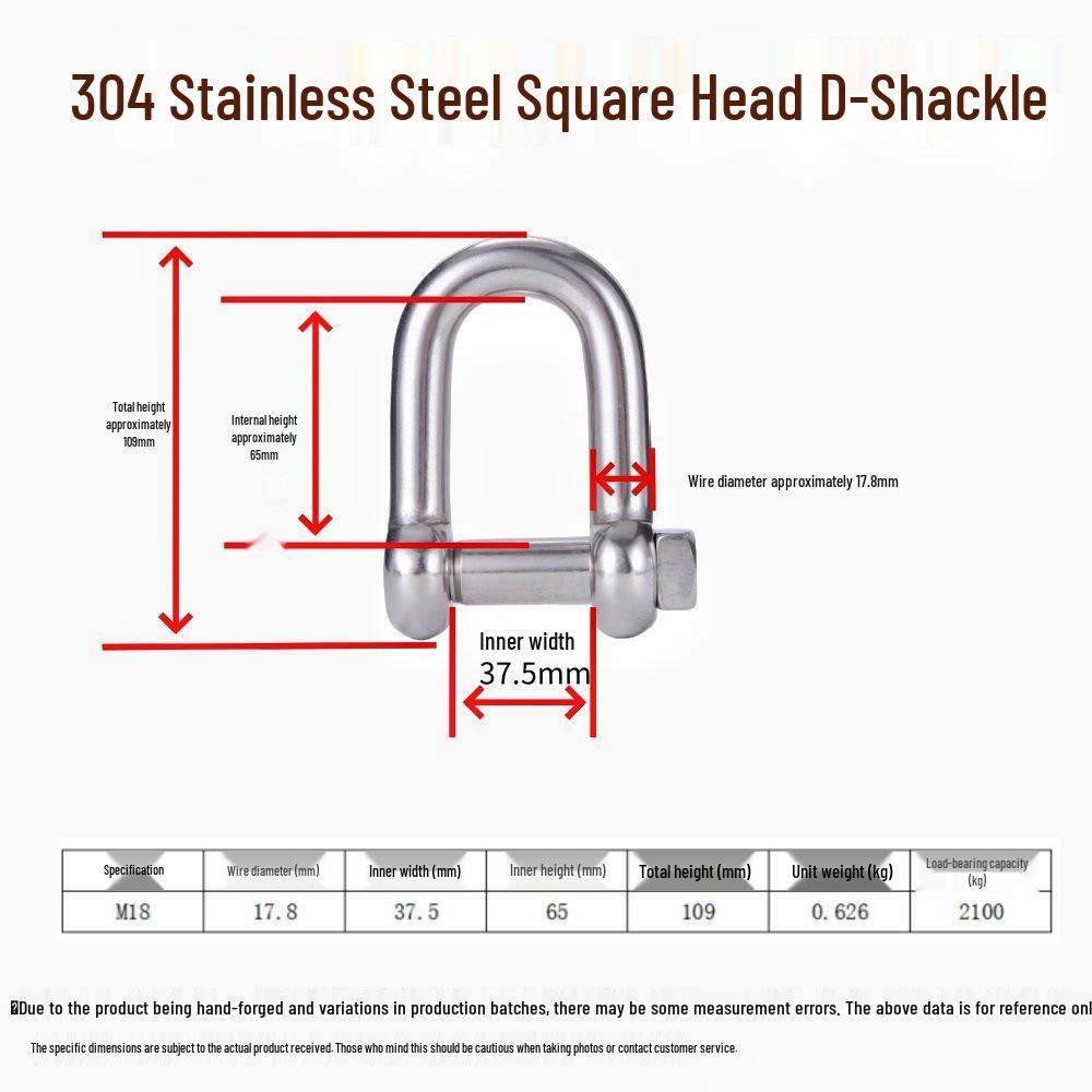 304 Stainless Steel D-Type Square Head Marine Lifting Shackle for Wire Rope Connection