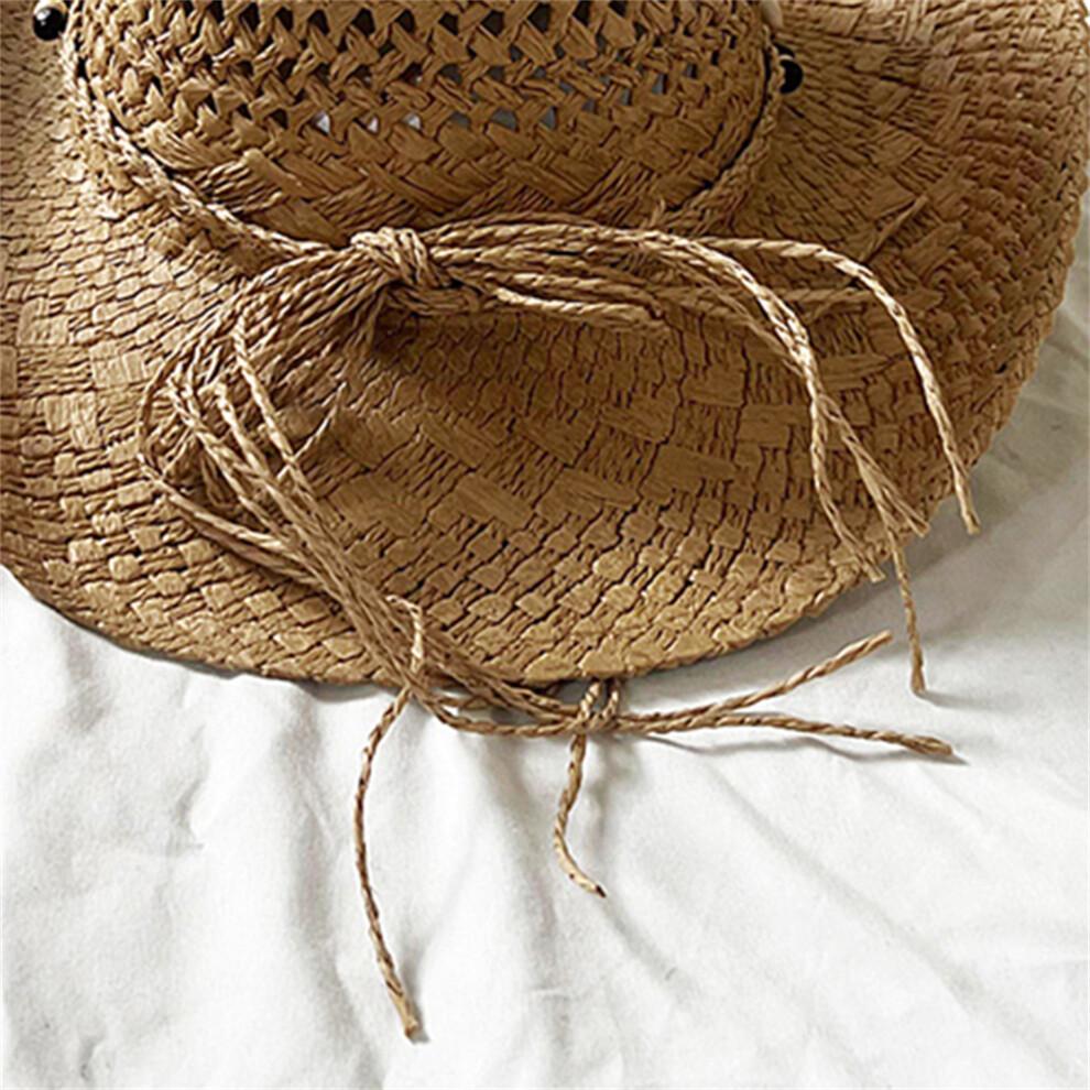 (One Size, Khaki) Men Women Beach Hat Breathable Cowgirl Straw Hat Stylish Shell Bead Design Wide Brim Sun Hat
