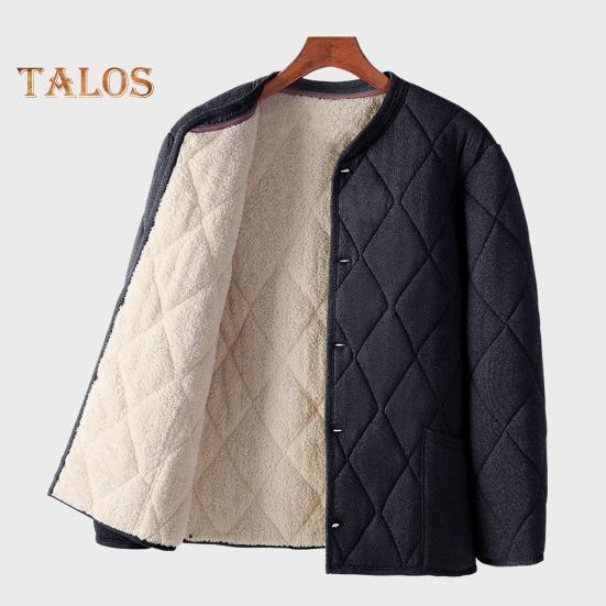 Men Coat V-Neck Long Sleeve Single Breasted Windproof Warm Jacket Solid Color Thickened Velvet Lining Outwear