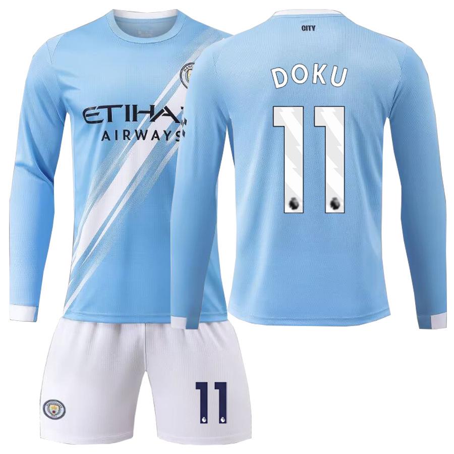 Set Maglia a Maniche Lunghe da Casa per Bambini del Manchester City: Haaland #9, Foden #47, Mahrez #7.